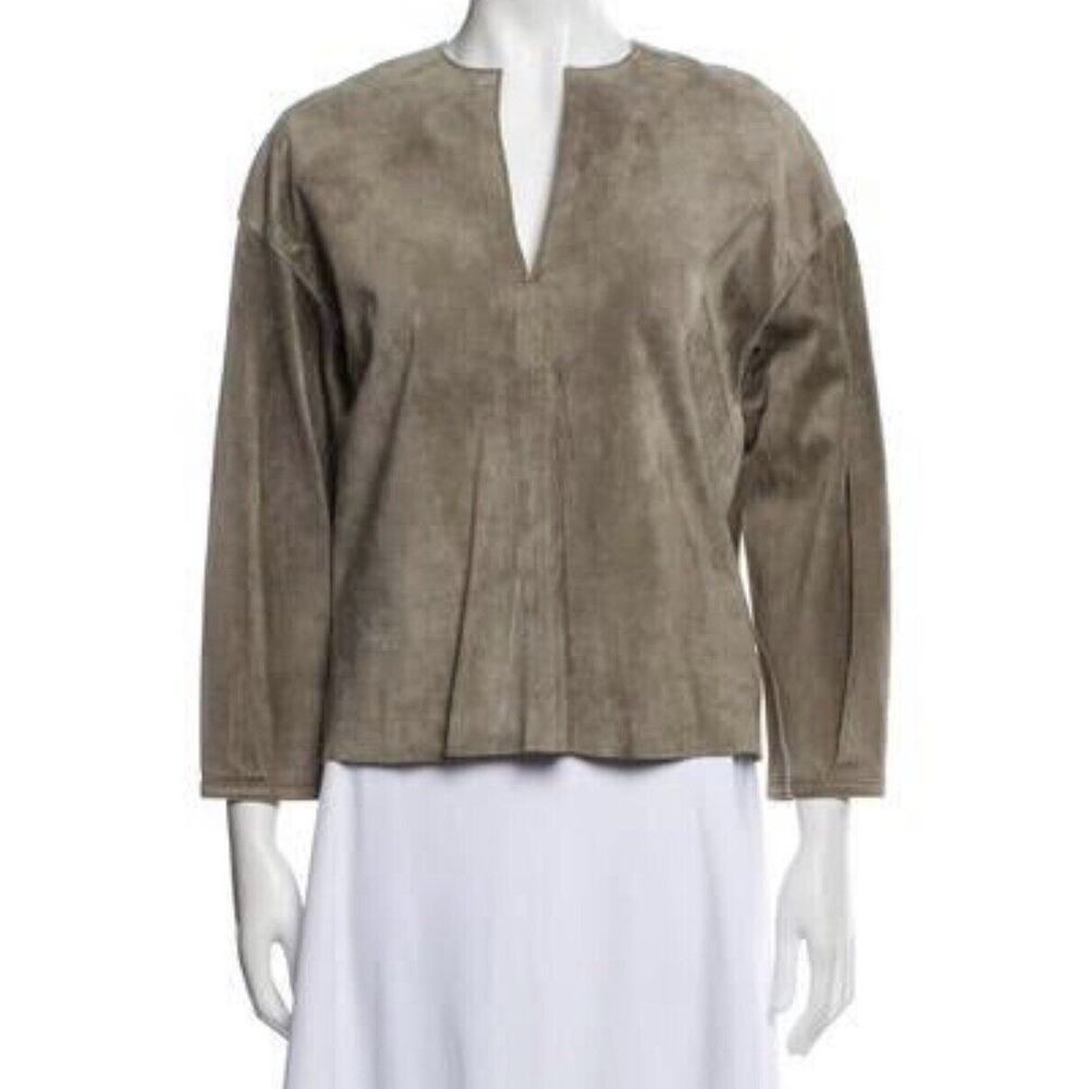 Tory Burch Shirt Women Medium/4 Green Suede Cattle Leather Blouse Top Lined